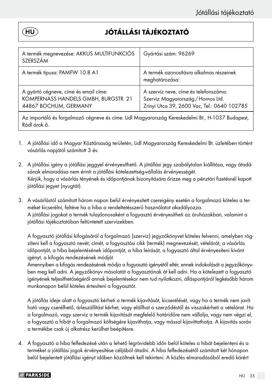 Jótállási tájékoztató | Parkside PAMFW 10.8 A1 User Manual | Page 35 / 77