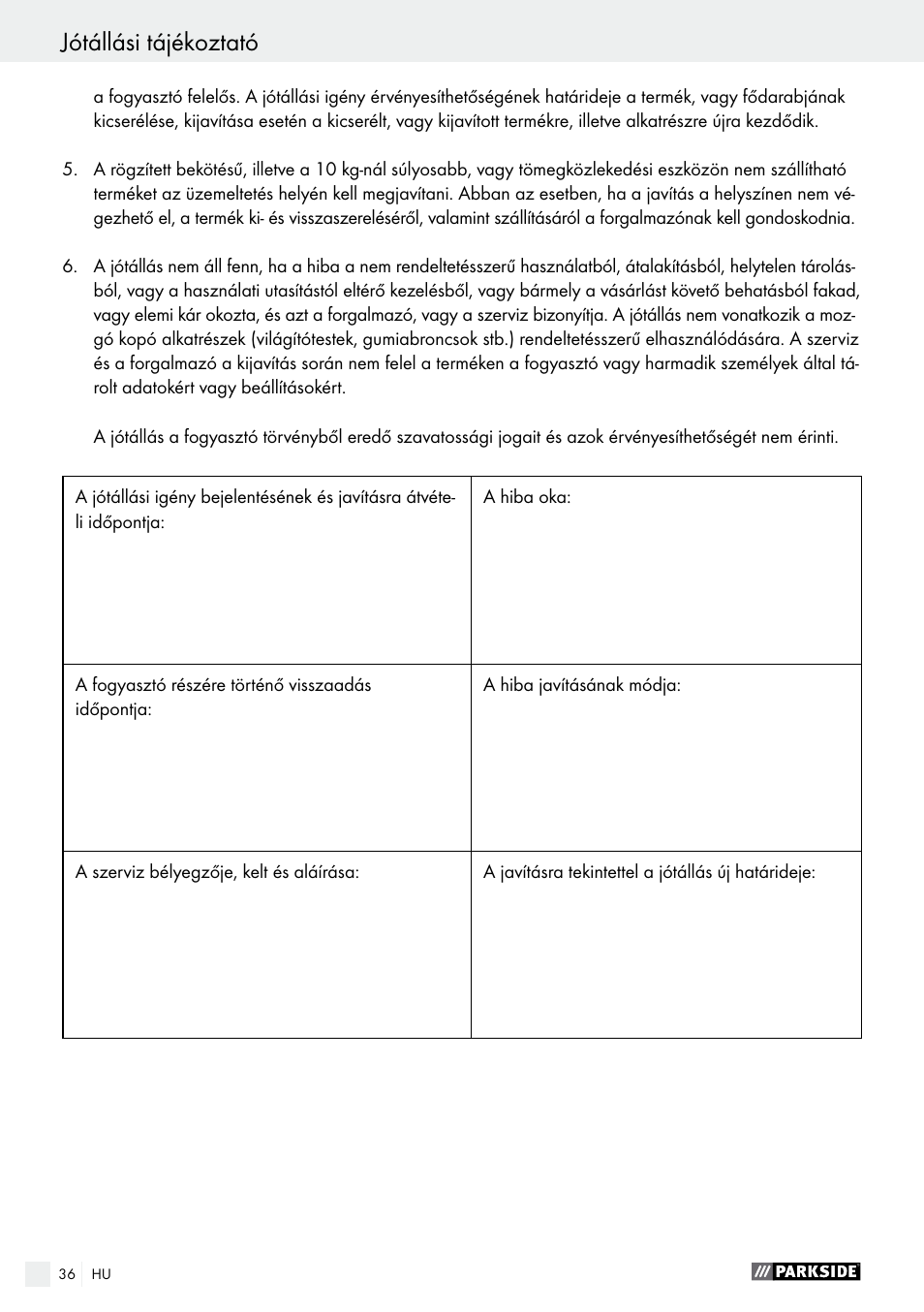 Jótállási tájékoztató kazalo | Parkside PAMFW 10.8 A1 User Manual | Page 36 / 77