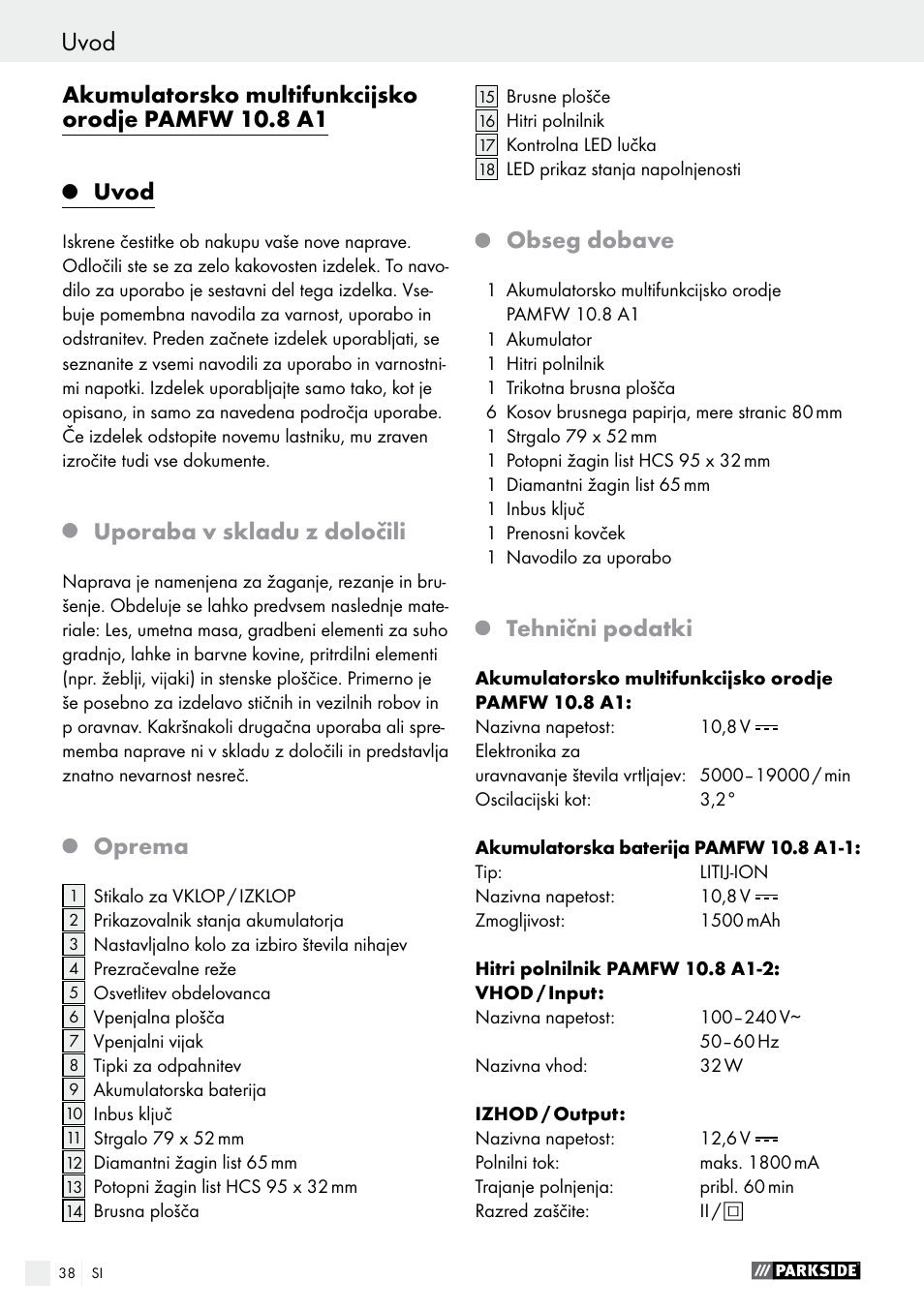 Akumulatorsko multifunkcijsko orodje pamfw 10.8 a1, Uvod, Uporaba v skladu z določili | Oprema, Obseg dobave, Tehnični podatki | Parkside PAMFW 10.8 A1 User Manual | Page 38 / 77
