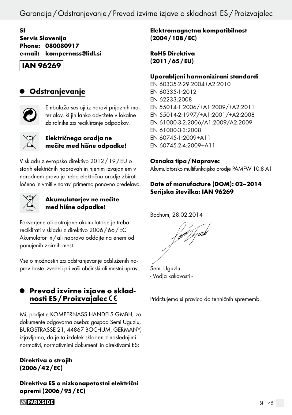 Odstranjevanje | Parkside PAMFW 10.8 A1 User Manual | Page 45 / 77