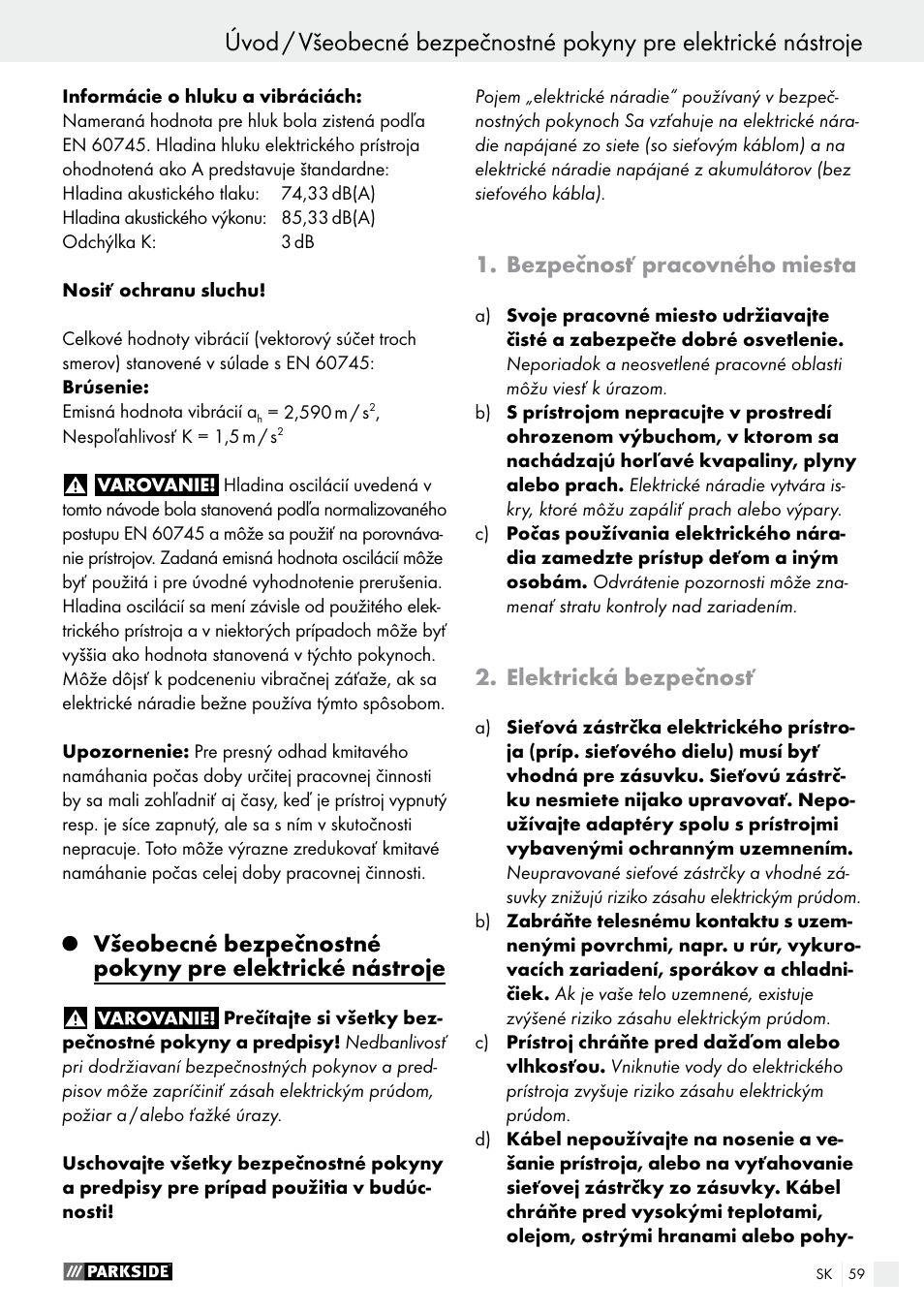 Úvod, Bezpečnosť pracovného miesta, Elektrická bezpečnosť | Parkside PAMFW 10.8 A1 User Manual | Page 59 / 77