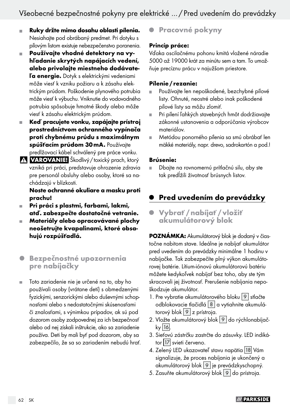Bezpečnostné upozornenia pre nabíjačky, Pracovné pokyny | Parkside PAMFW 10.8 A1 User Manual | Page 62 / 77