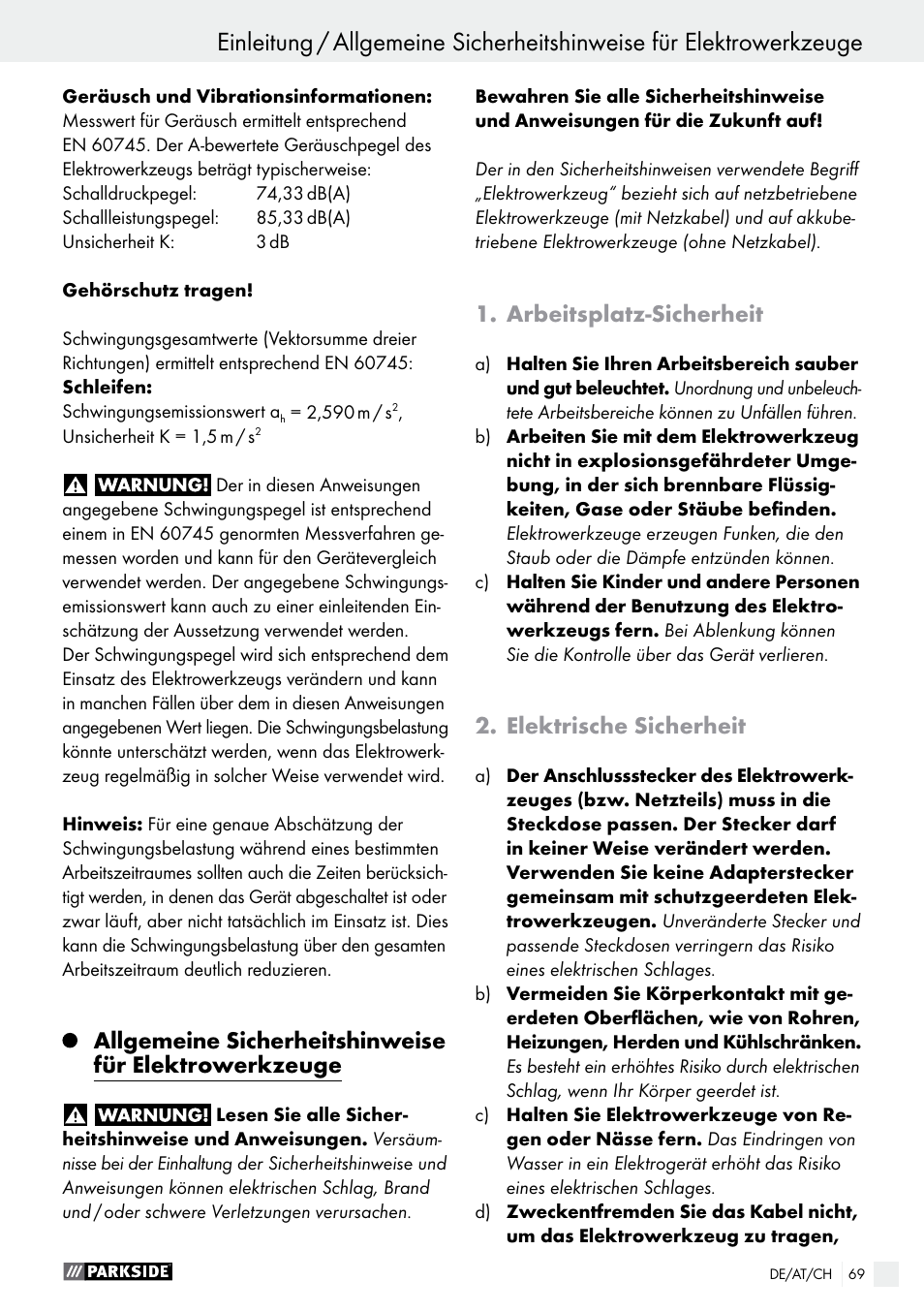 Arbeitsplatz-sicherheit, Elektrische sicherheit | Parkside PAMFW 10.8 A1 User Manual | Page 69 / 77