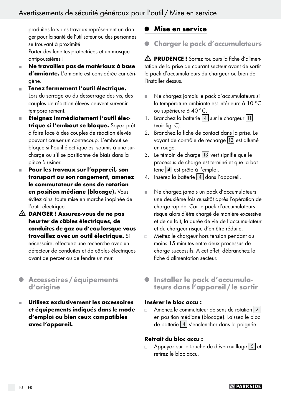 Accessoires / équipements d‘origine, Mise en service, Charger le pack d’accumulateurs | Parkside PABS 14.4 A1 User Manual | Page 10 / 34