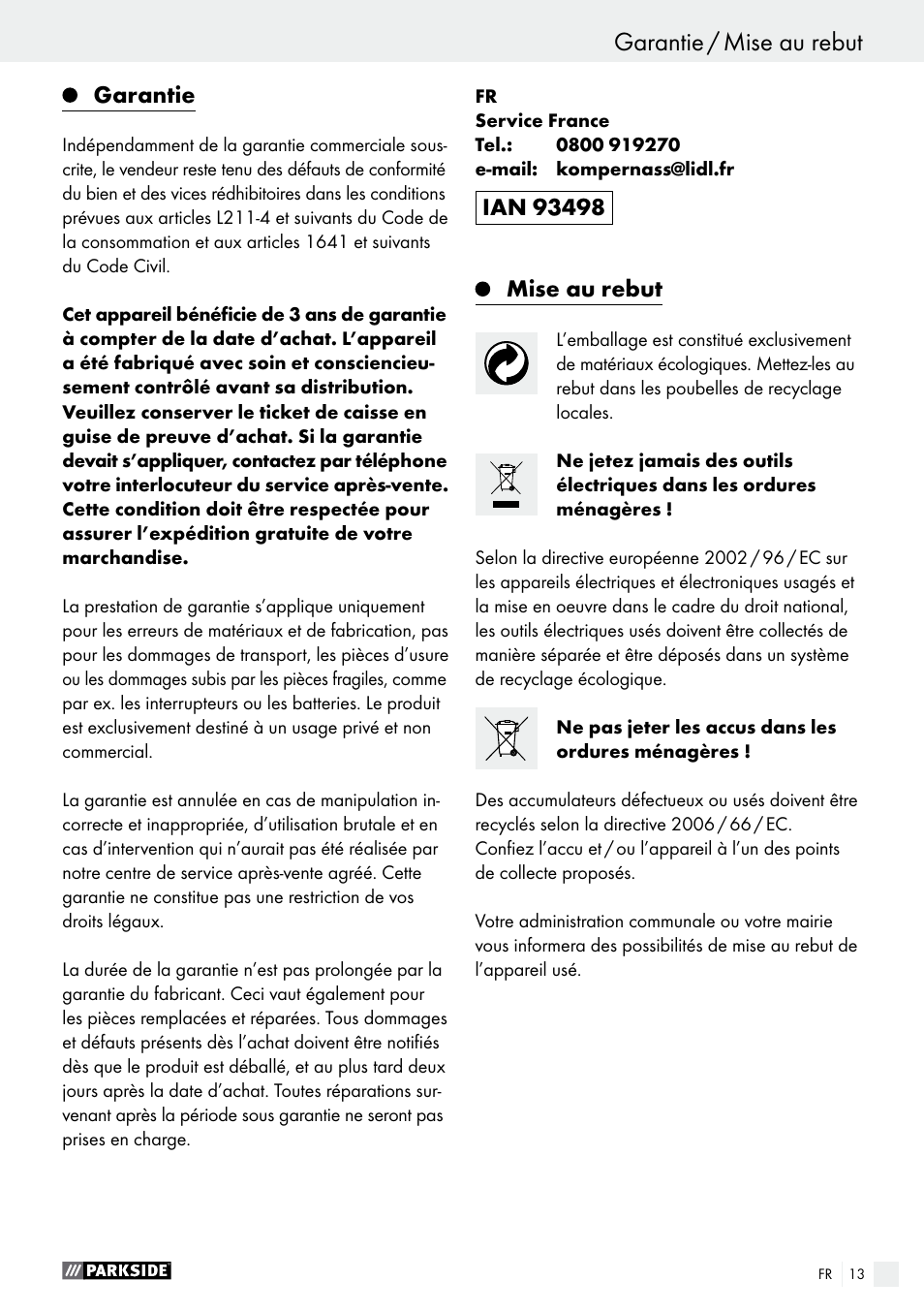 Garantie / mise au rebut, Garantie, Mise au rebut | Parkside PABS 14.4 A1 User Manual | Page 13 / 34