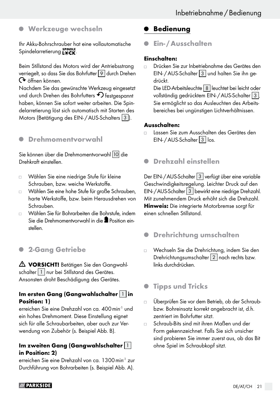 Inbetriebnahme / bedienung, Werkzeuge wechseln, Drehmomentvorwahl | Gang getriebe, Bedienung, Ein- / ausschalten, Drehzahl einstellen, Drehrichtung umschalten, Tipps und tricks | Parkside PABS 14.4 A1 User Manual | Page 21 / 34