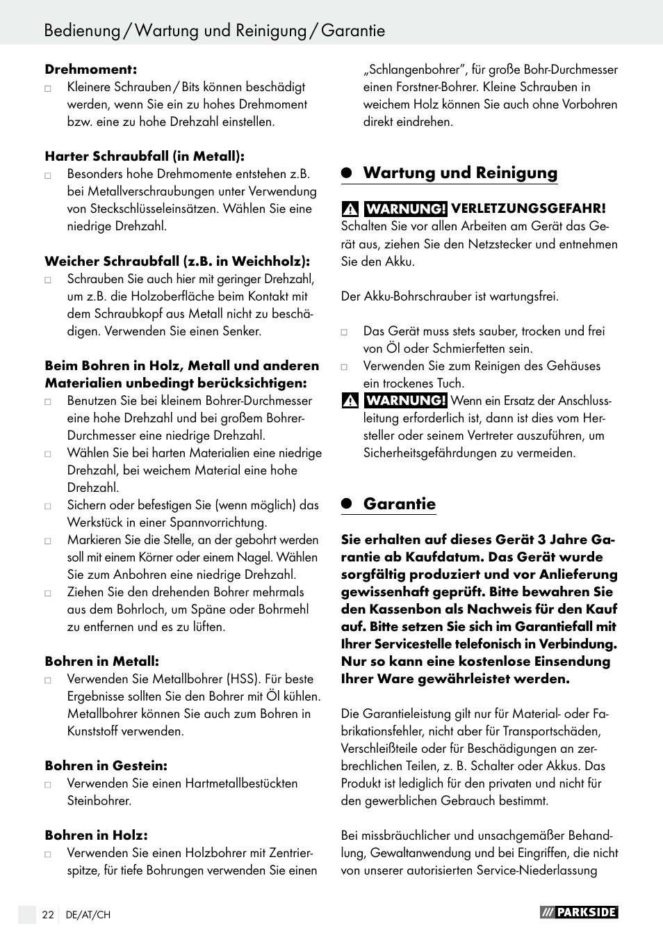 Wartung und reinigung, Garantie | Parkside PABS 14.4 A1 User Manual | Page 22 / 34