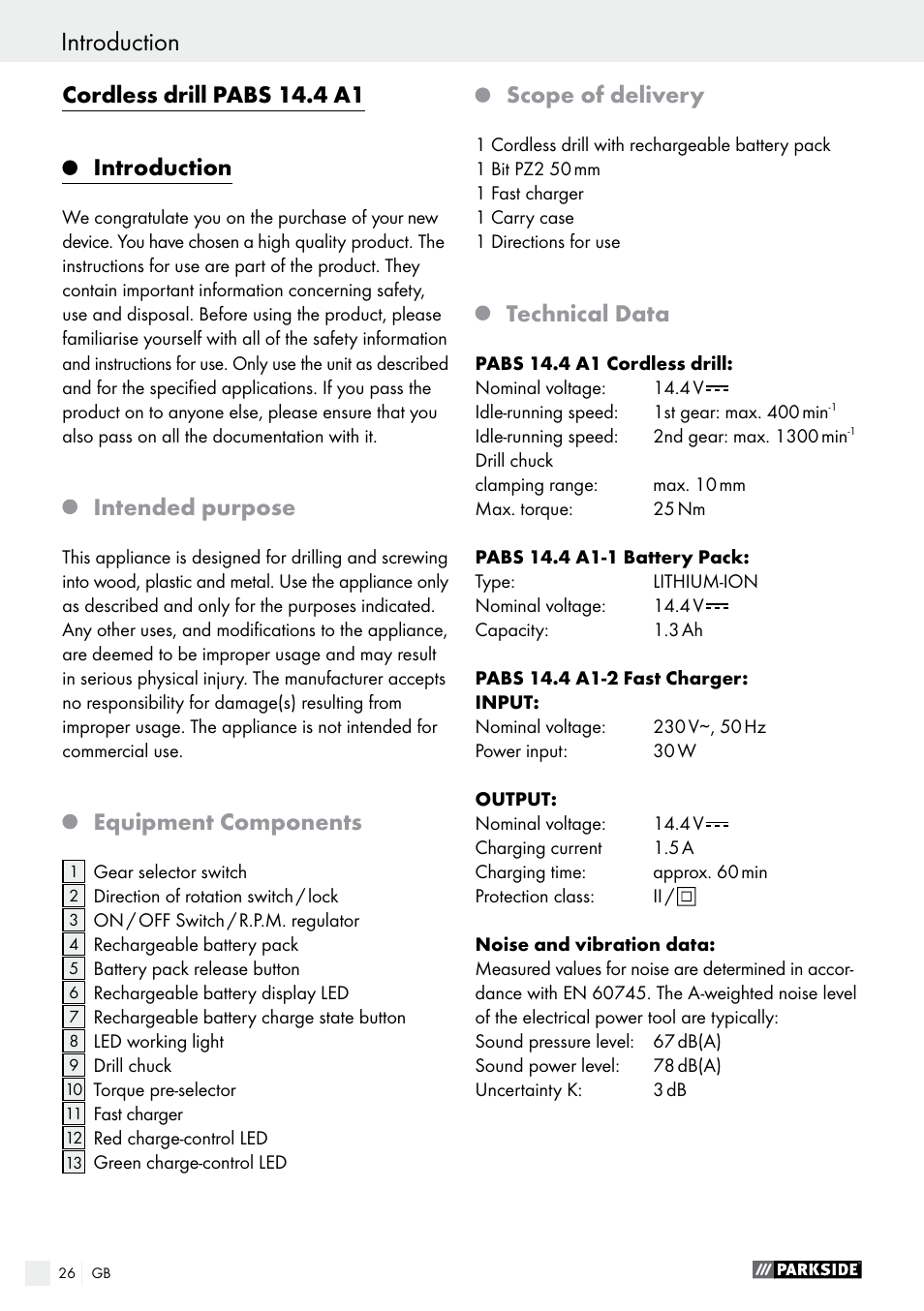 Introduction, Cordless drill pabs 14.4 a1, Intended purpose | Equipment components, Scope of delivery, Technical data | Parkside PABS 14.4 A1 User Manual | Page 26 / 34
