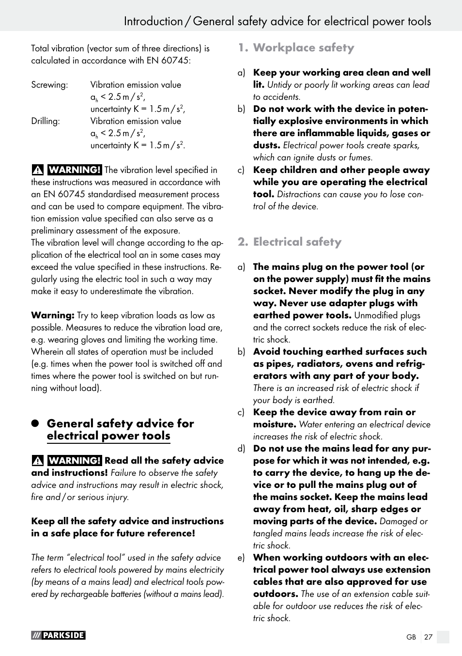 General safety advice for electrical power tools, Workplace safety, Electrical safety | Parkside PABS 14.4 A1 User Manual | Page 27 / 34