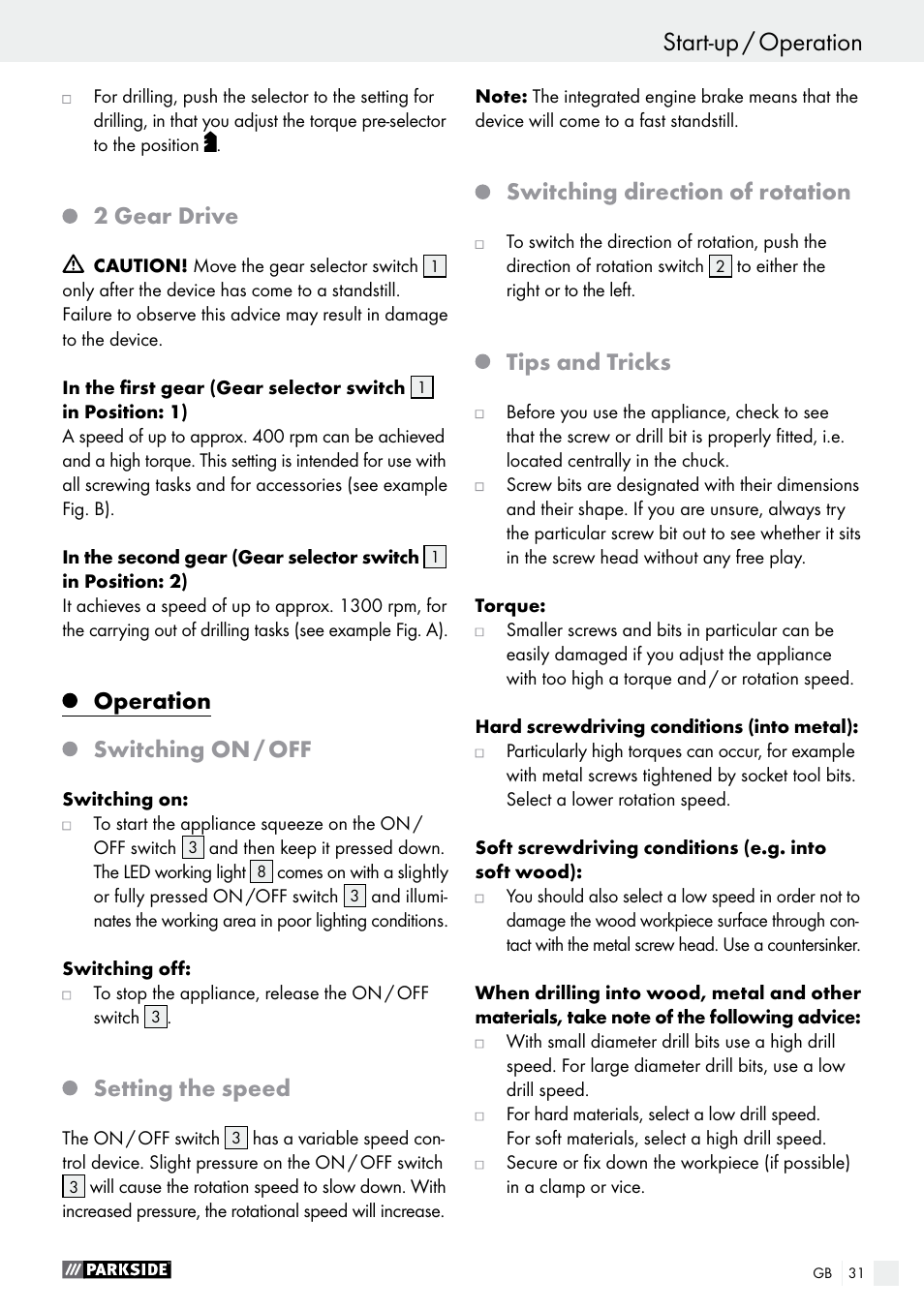 2 gear drive, Operation, Switching on / off | Setting the speed, Switching direction of rotation, Tips and tricks | Parkside PABS 14.4 A1 User Manual | Page 31 / 34