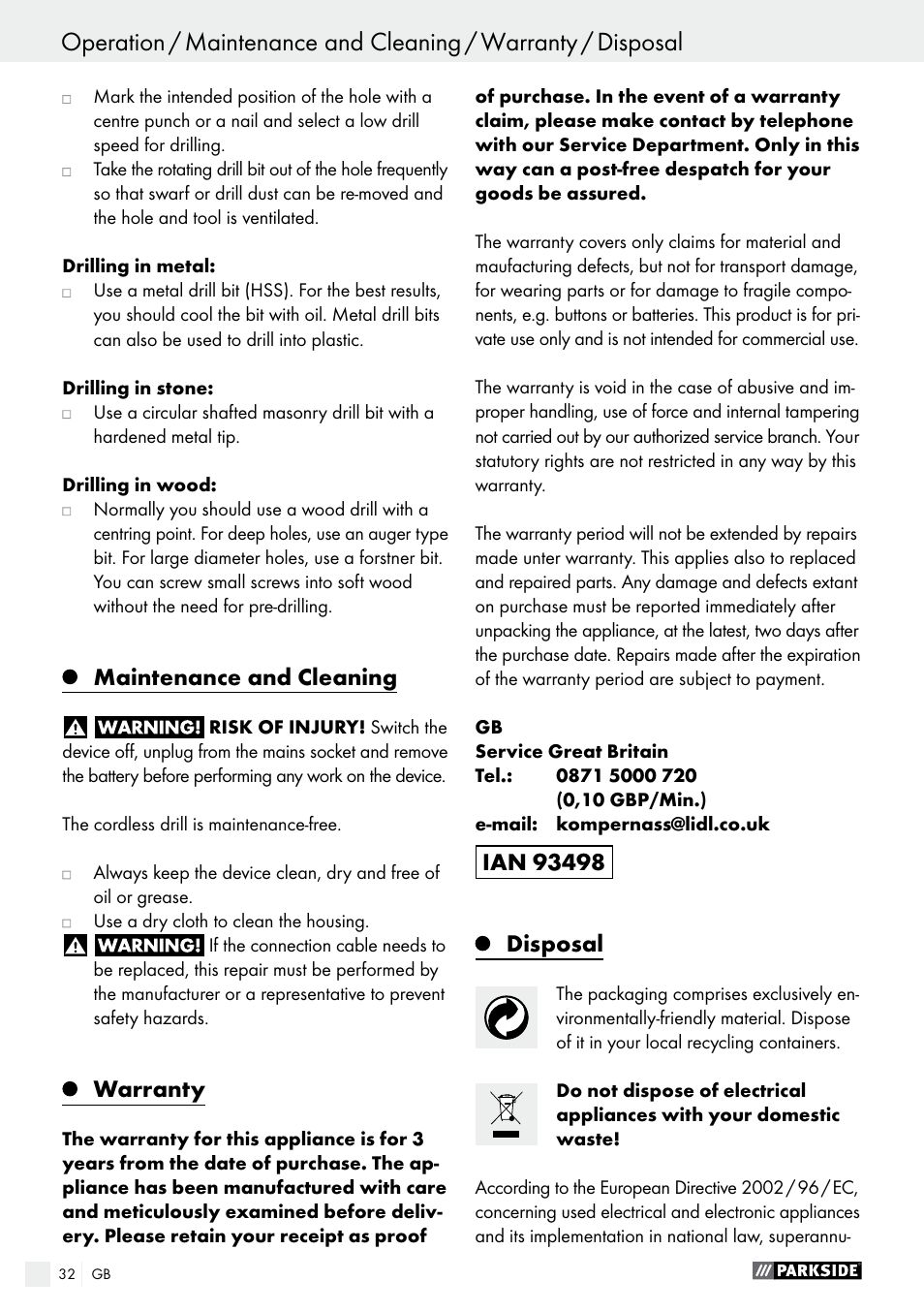 Maintenance and cleaning, Warranty, Disposal | Parkside PABS 14.4 A1 User Manual | Page 32 / 34