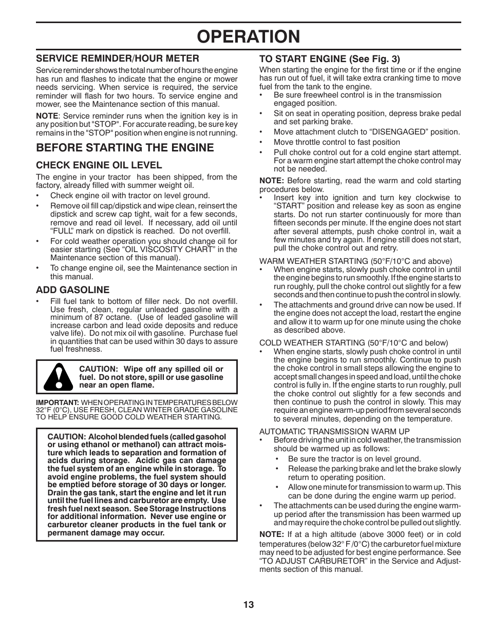 Operation, Before starting the engine | Dixon 433616 User Manual | Page 13 / 30