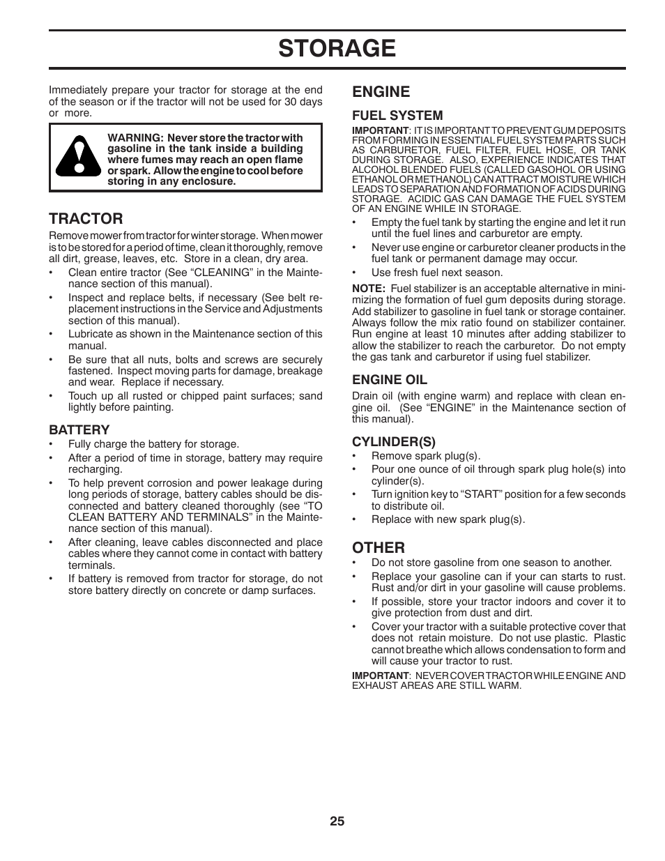 Storage, Tractor, Engine | Other | Dixon 433616 User Manual | Page 25 / 30