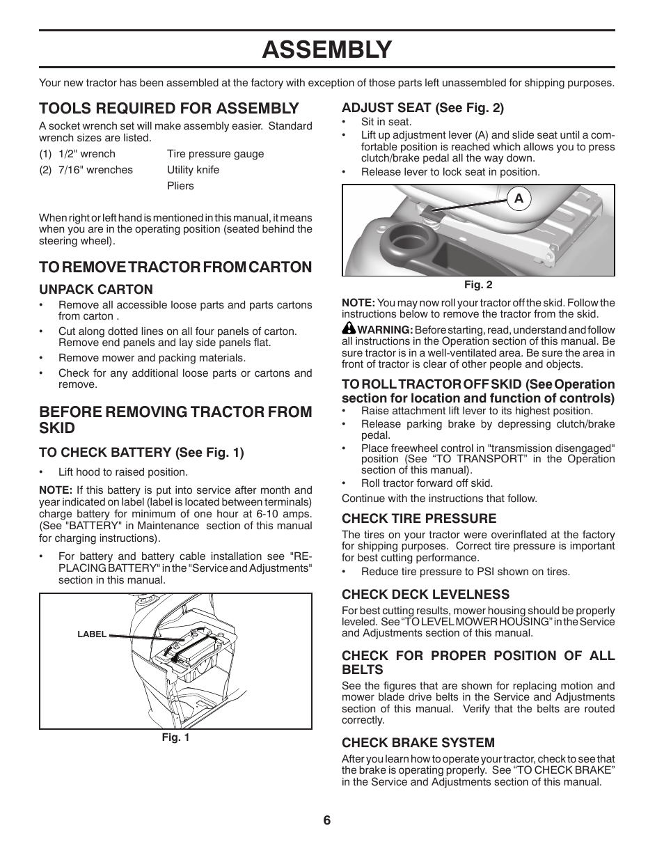 Assembly, Before removing tractor from skid, Tools required for assembly | Dixon 433616 User Manual | Page 6 / 30