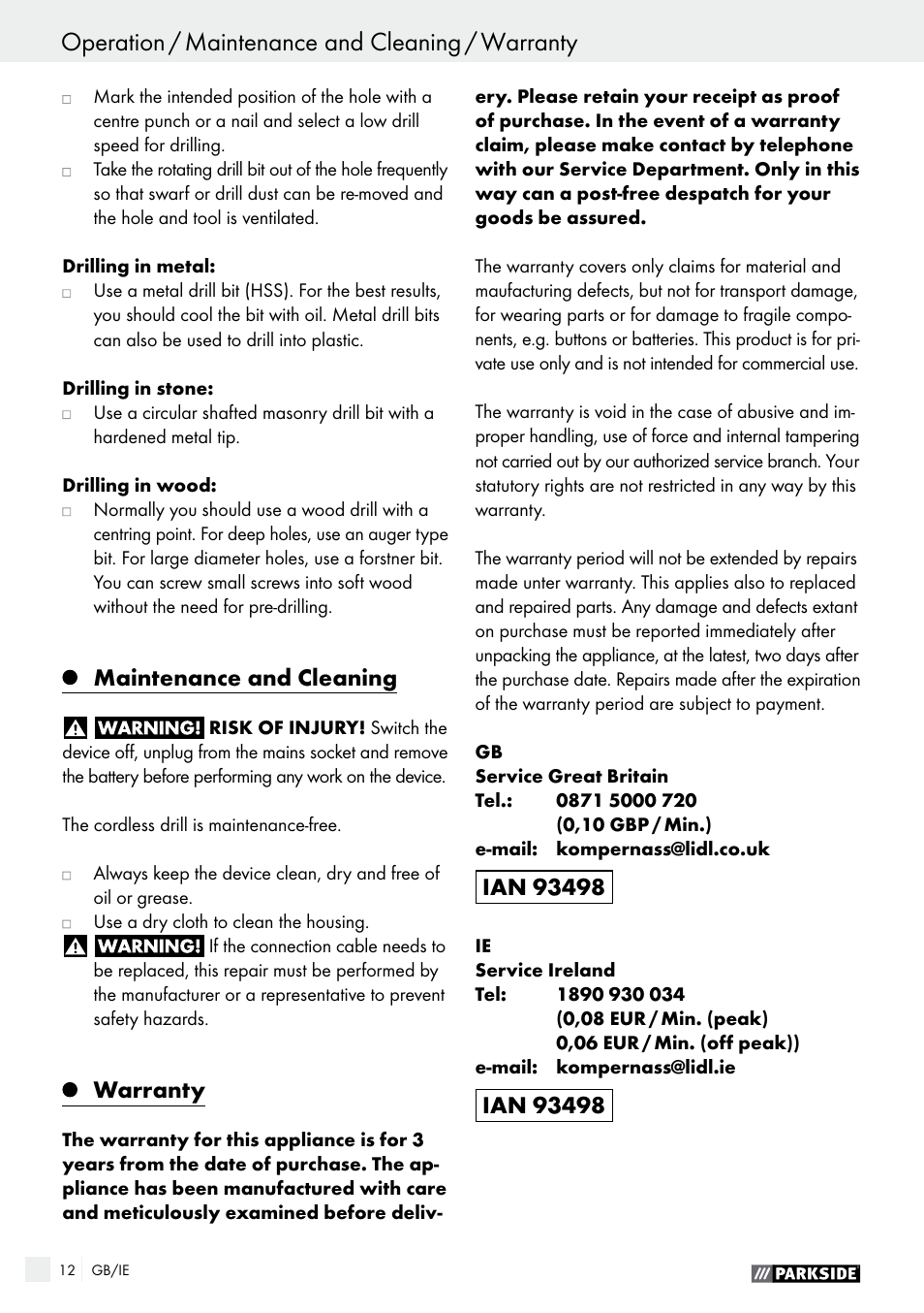 Maintenance and cleaning, Warranty | Parkside PABS 14.4 A1 User Manual | Page 12 / 75