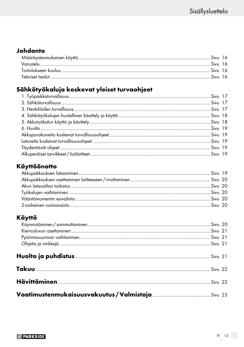 Sisällysluettelo | Parkside PABS 14.4 A1 User Manual | Page 15 / 75