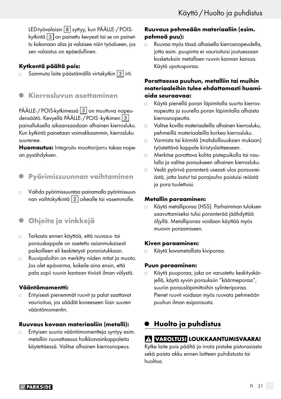 Käyttöönotto / käyttö käyttö / huolto ja puhdistus, Kierrosluvun asettaminen, Pyörimissuunnan vaihtaminen | Ohjeita ja vinkkejä, Huolto ja puhdistus | Parkside PABS 14.4 A1 User Manual | Page 21 / 75