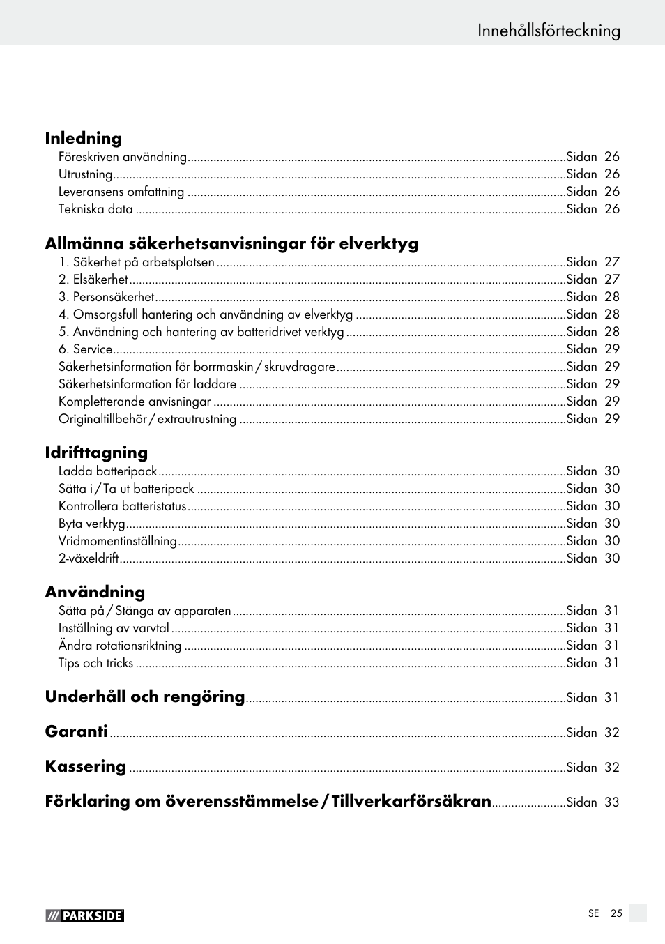 Innehållsförteckning | Parkside PABS 14.4 A1 User Manual | Page 25 / 75