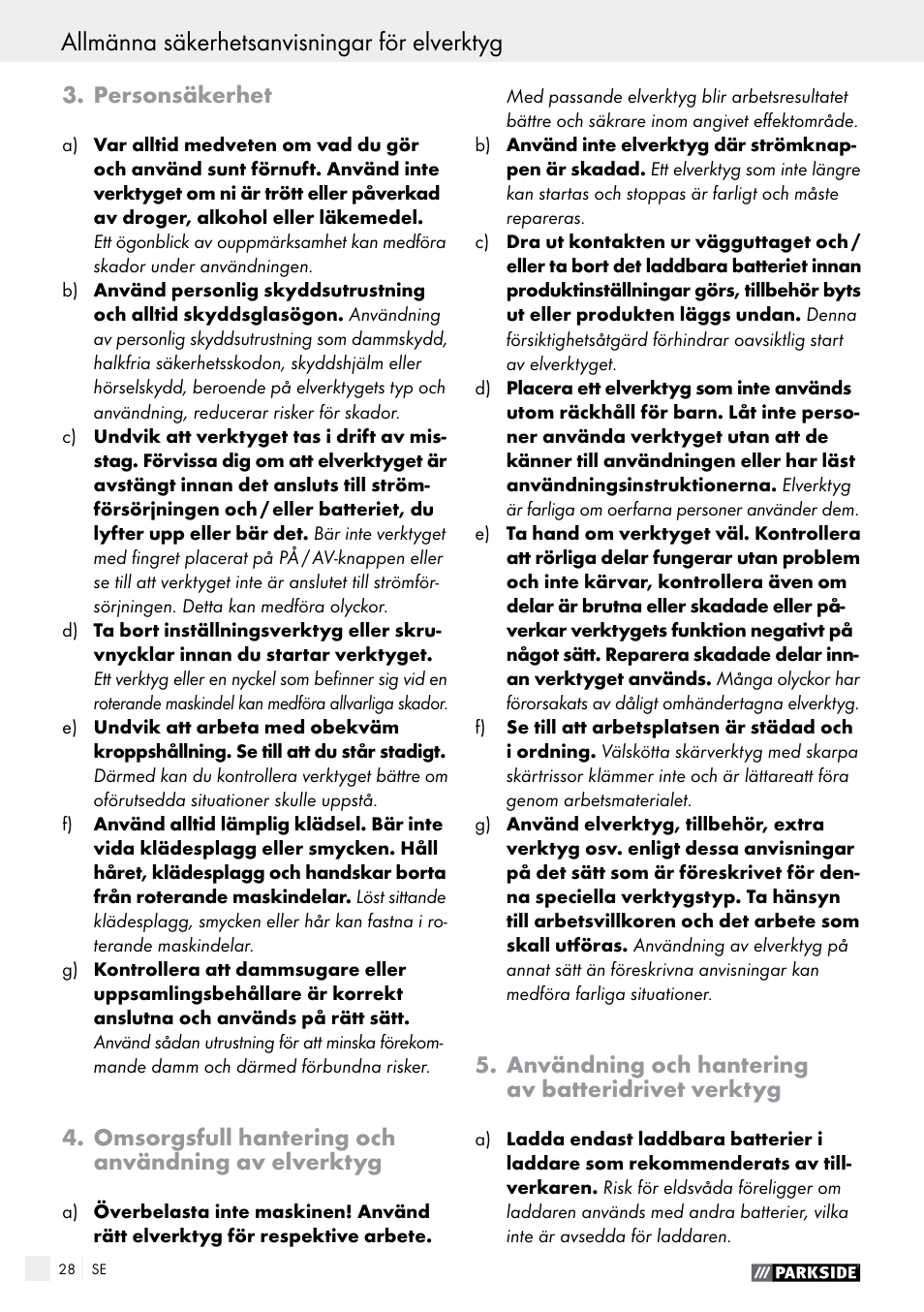 Allmänna säkerhetsanvisningar för elverktyg | Parkside PABS 14.4 A1 User Manual | Page 28 / 75