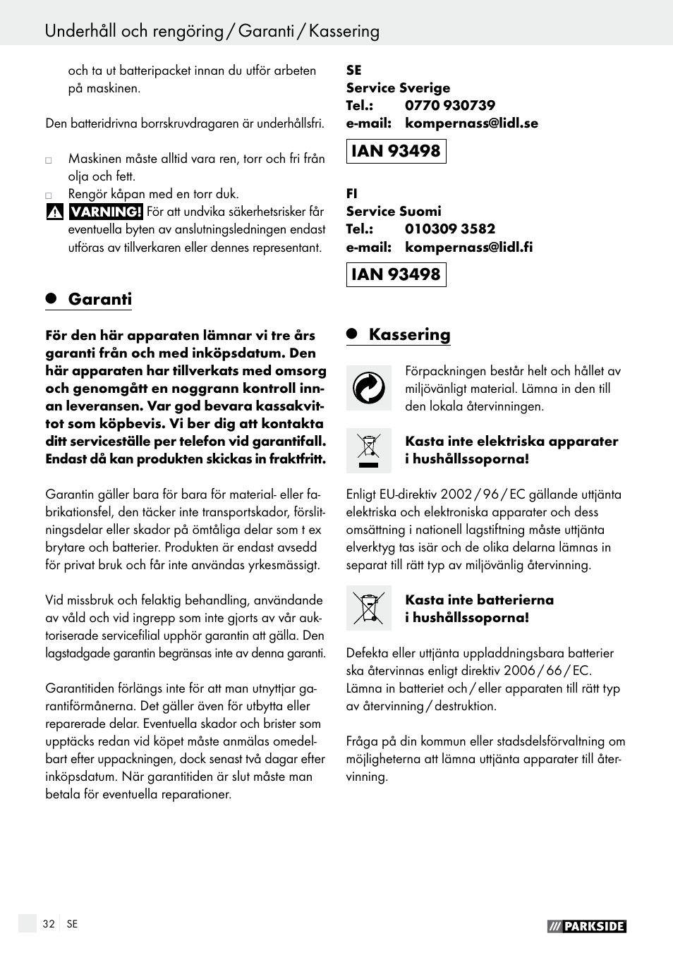 Underhåll och rengöring / garanti / kassering, Garanti, Kassering | Parkside PABS 14.4 A1 User Manual | Page 32 / 75