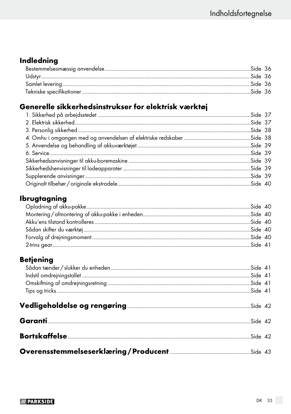Indholdsfortegnelse | Parkside PABS 14.4 A1 User Manual | Page 35 / 75