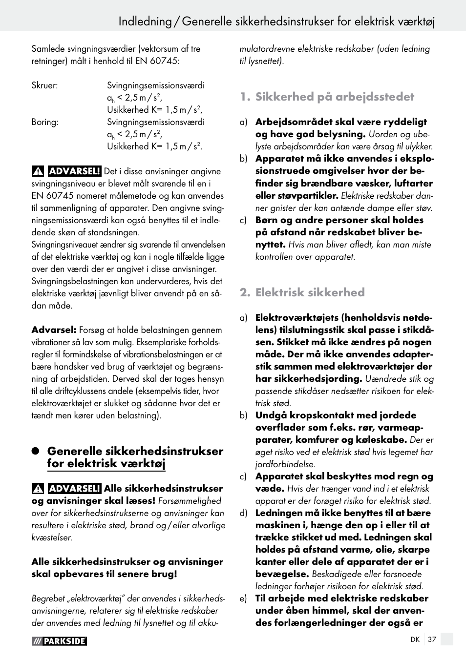 Sikkerhed på arbejdsstedet, Elektrisk sikkerhed | Parkside PABS 14.4 A1 User Manual | Page 37 / 75
