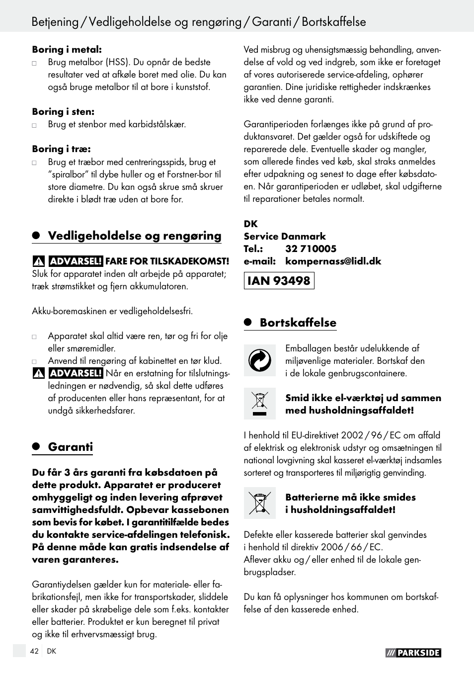 Overensstemmelseserklæring / producent, Vedligeholdelse og rengøring, Garanti | Bortskaffelse | Parkside PABS 14.4 A1 User Manual | Page 42 / 75