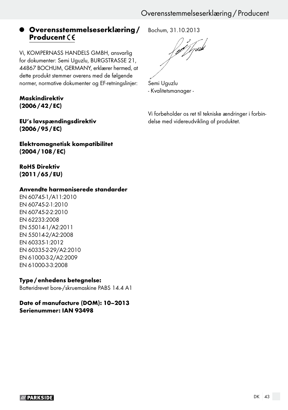 Overensstemmelseserklæring / producent | Parkside PABS 14.4 A1 User Manual | Page 43 / 75