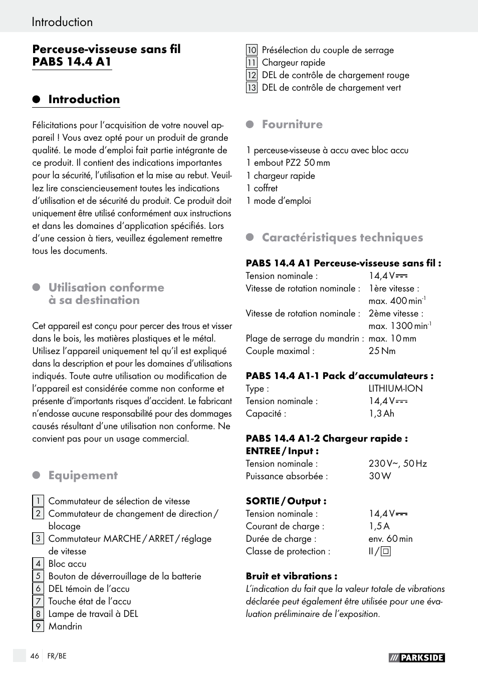 Perceuse-visseuse sans fil pabs 14.4 a1, Introduction, Utilisation conforme à sa destination | Equipement, Fourniture, Caractéristiques techniques | Parkside PABS 14.4 A1 User Manual | Page 46 / 75