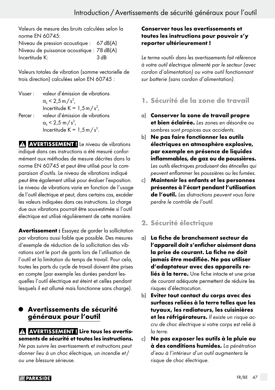 Avertissements de sécurité généraux pour l’outil, Sécurité de la zone de travail, Sécurité électrique | Parkside PABS 14.4 A1 User Manual | Page 47 / 75