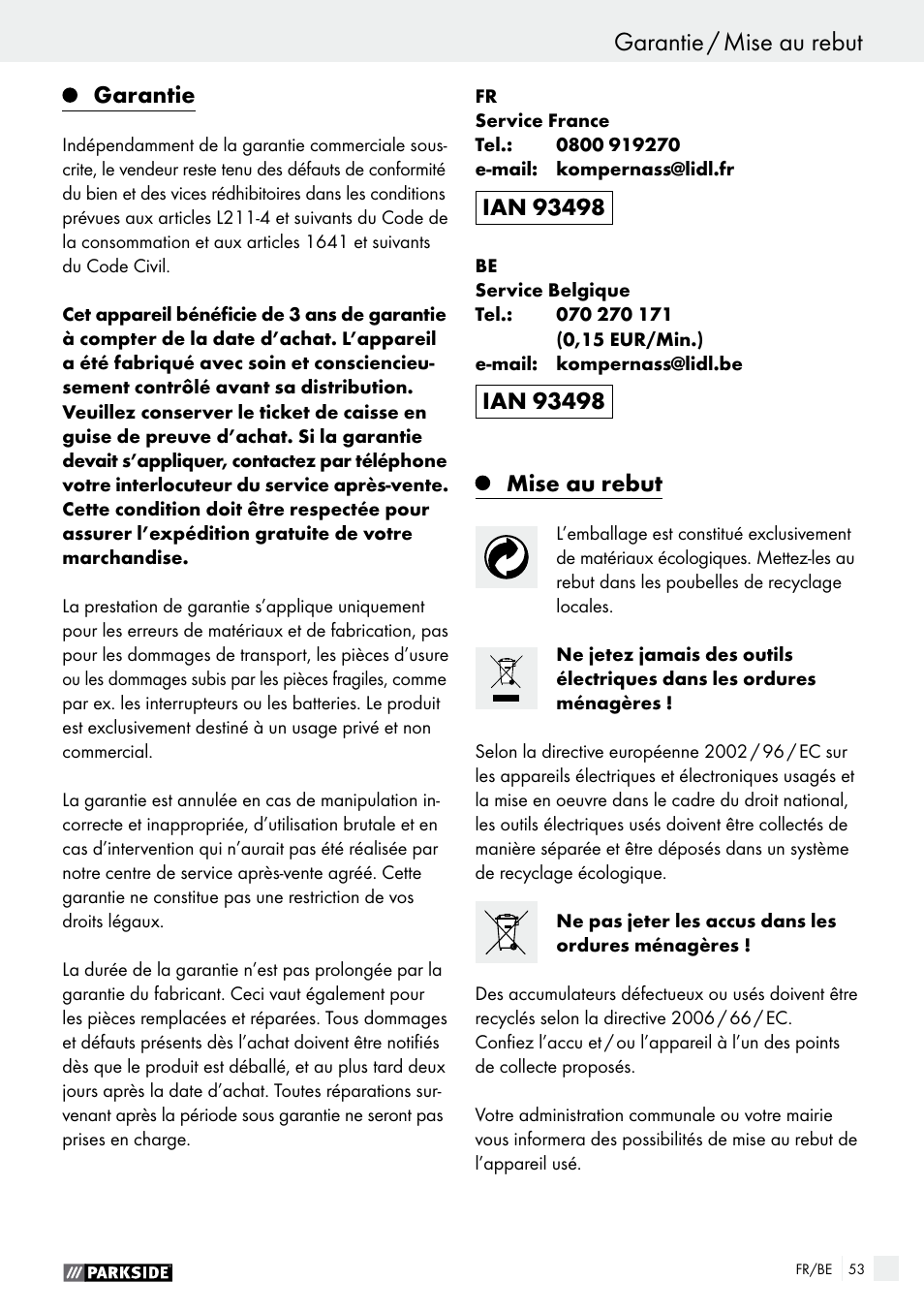 Garantie / mise au rebut, Garantie, Mise au rebut | Parkside PABS 14.4 A1 User Manual | Page 53 / 75