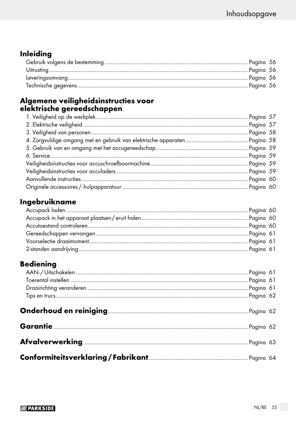 Inhoudsopgave, Déclaration de conformité / constructeur | Parkside PABS 14.4 A1 User Manual | Page 55 / 75