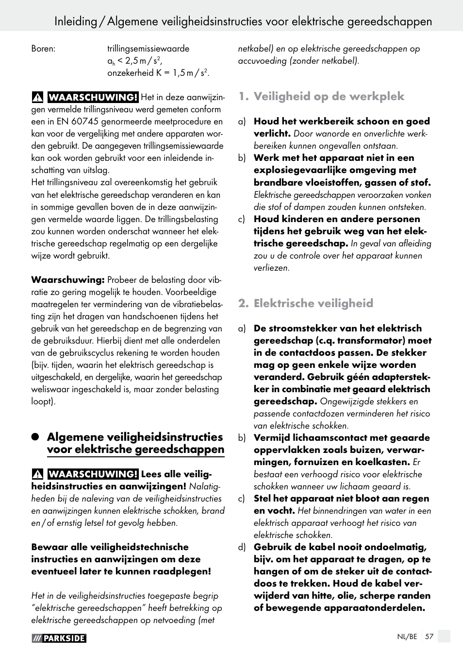 Veiligheid op de werkplek, Elektrische veiligheid | Parkside PABS 14.4 A1 User Manual | Page 57 / 75