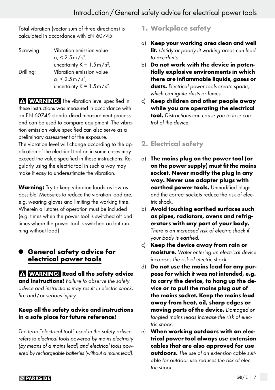 General safety advice for electrical power tools, Workplace safety, Electrical safety | Parkside PABS 14.4 A1 User Manual | Page 7 / 75