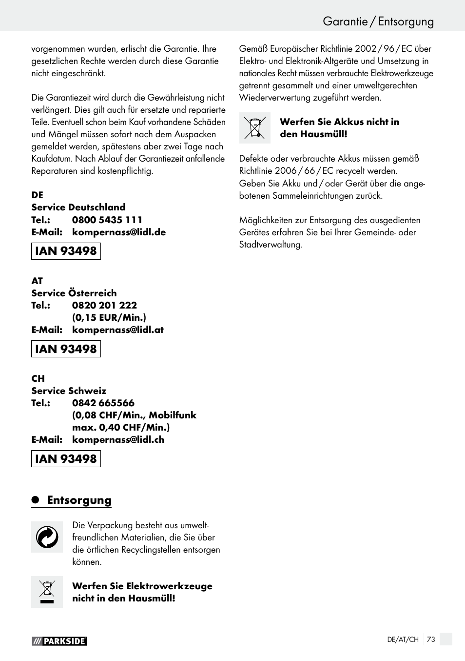 Bedienung / wartung und reinigung / garantie, Garantie / entsorgung, Entsorgung | Parkside PABS 14.4 A1 User Manual | Page 73 / 75