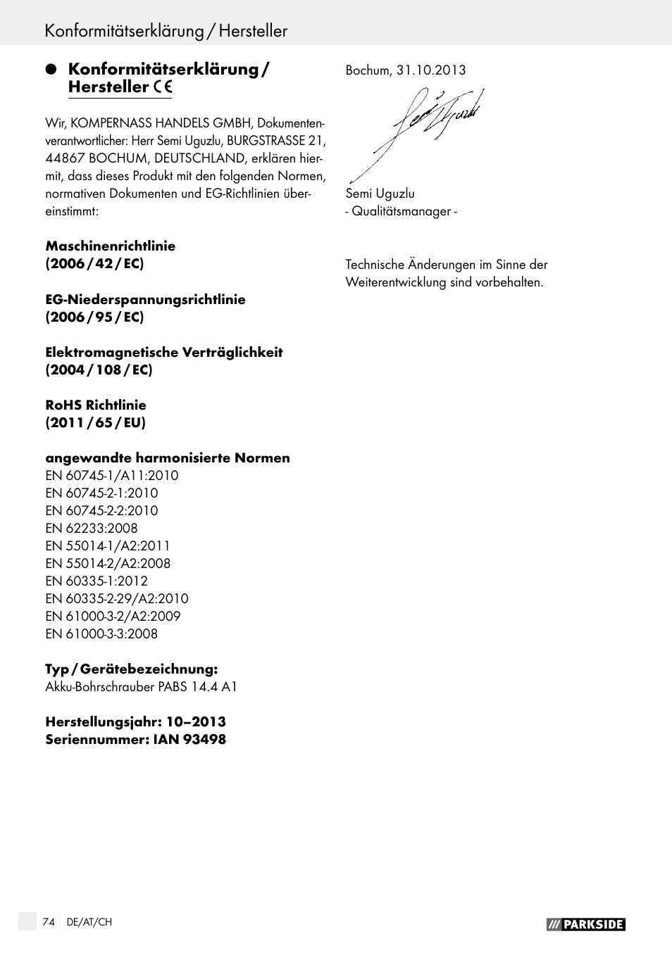 Konformitätserklärung / hersteller | Parkside PABS 14.4 A1 User Manual | Page 74 / 75