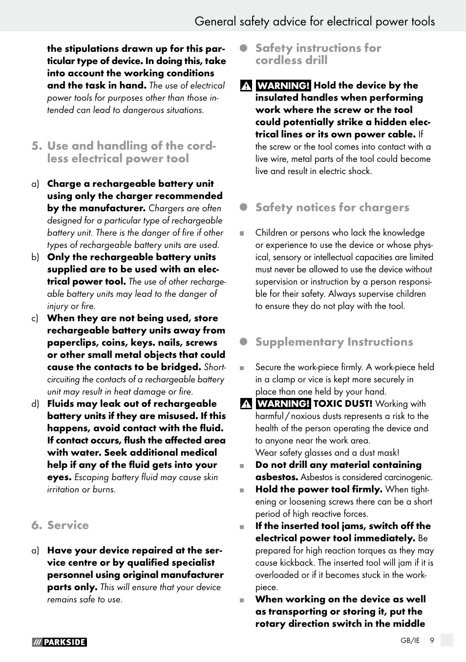 General safety advice for electrical power tools, Service, Safety instructions for cordless drill | Safety notices for chargers, Supplementary instructions | Parkside PABS 14.4 A1 User Manual | Page 9 / 75