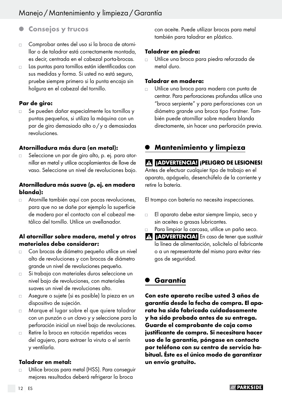 Consejos y trucos, Mantenimiento y limpieza, Garantía | Parkside PABS 14.4 A1 User Manual | Page 12 / 55