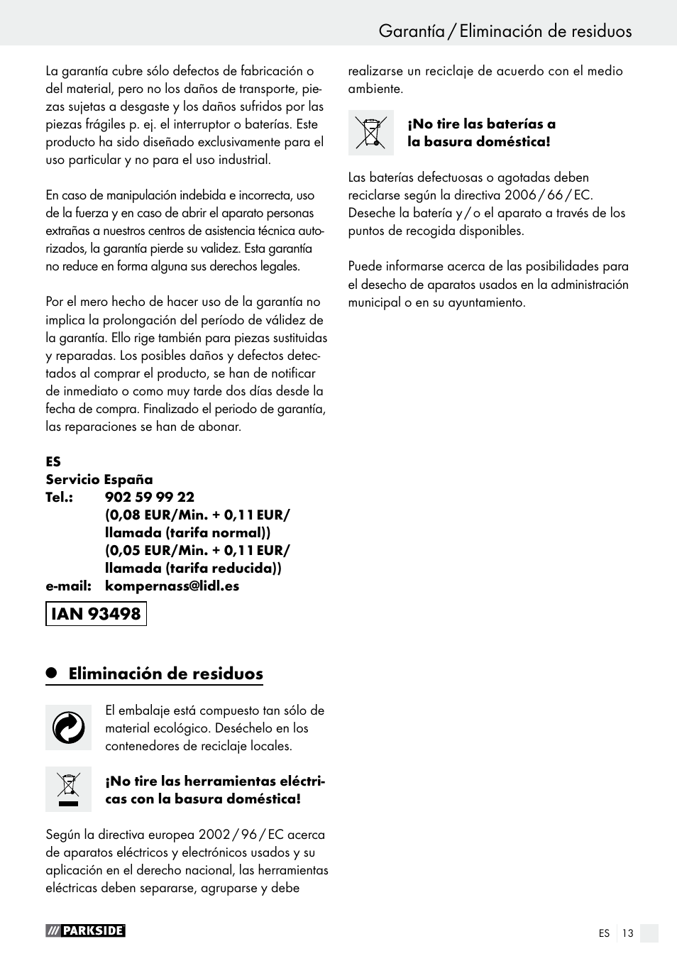 Eliminación de residuos | Parkside PABS 14.4 A1 User Manual | Page 13 / 55