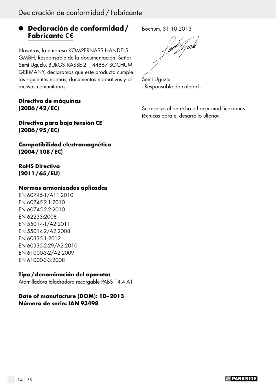 Declaración de conformidad / fabricante, Indice | Parkside PABS 14.4 A1 User Manual | Page 14 / 55
