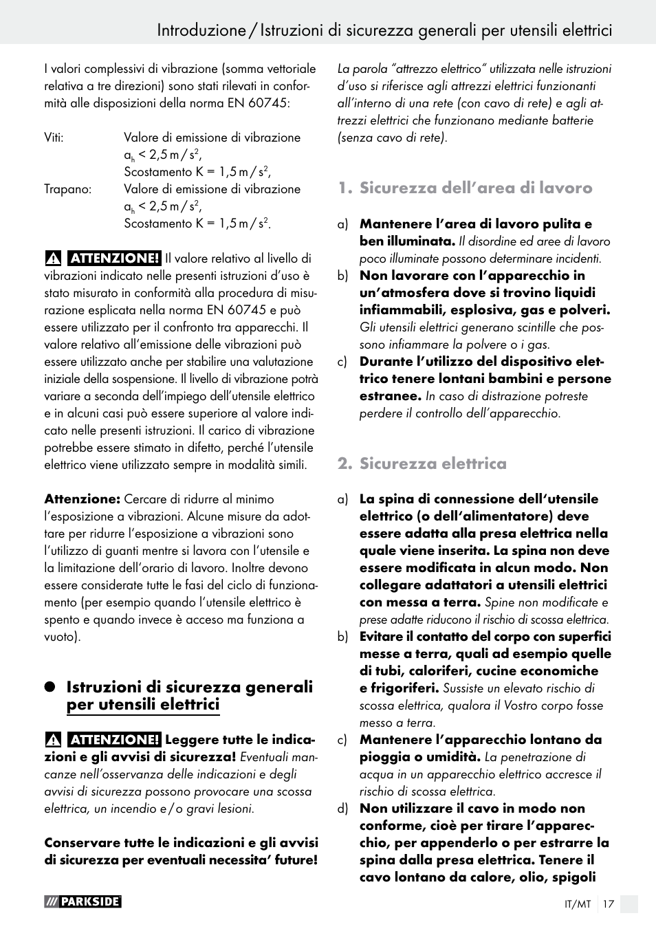Introduzione, Sicurezza dell’area di lavoro, Sicurezza elettrica | Parkside PABS 14.4 A1 User Manual | Page 17 / 55