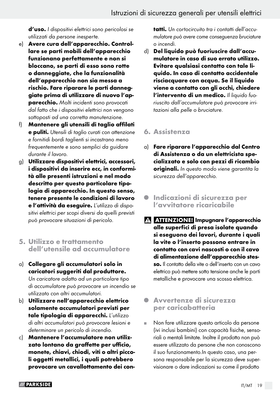 Assistenza, Avvertenze di sicurezza per caricabatteria | Parkside PABS 14.4 A1 User Manual | Page 19 / 55