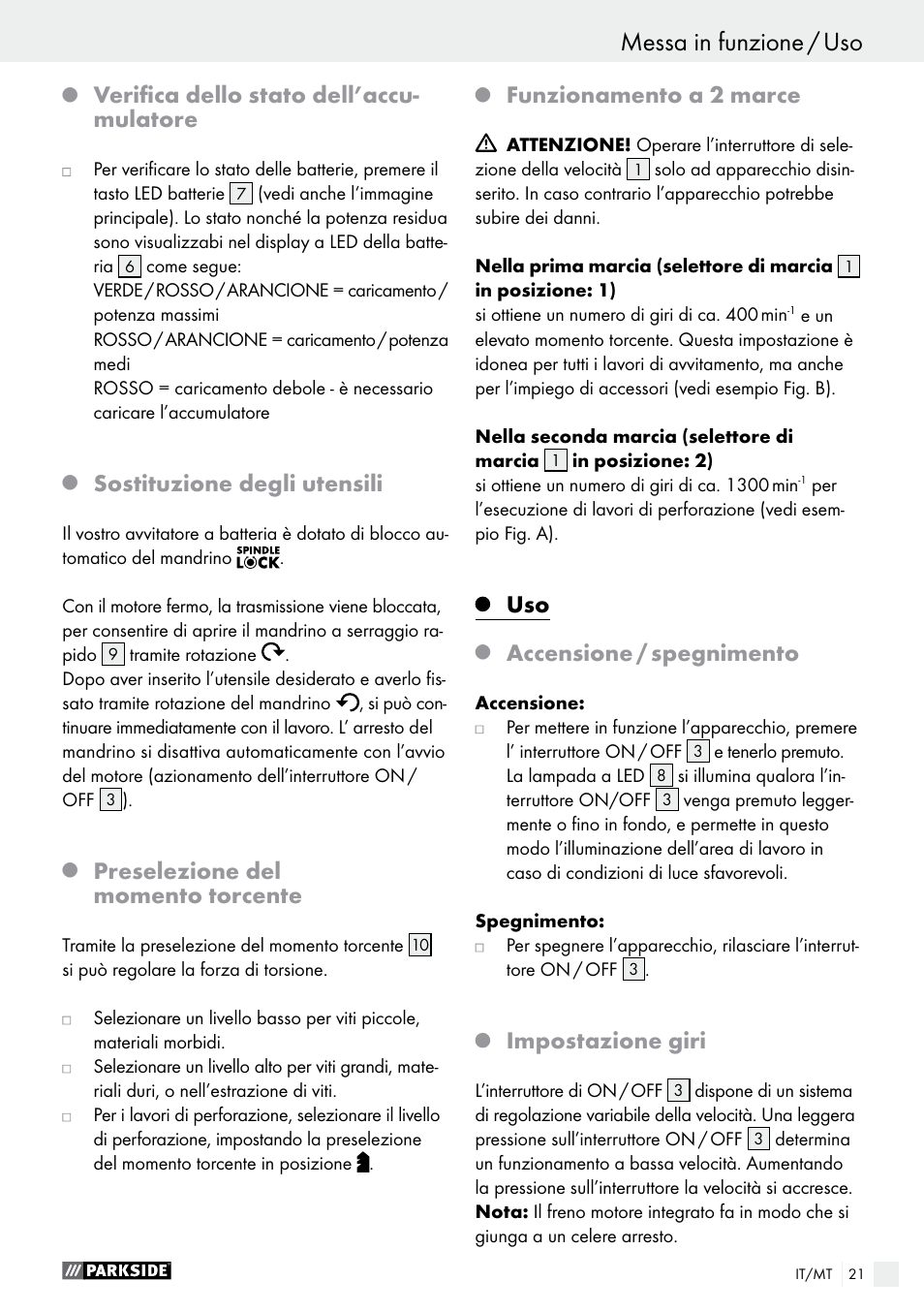 Verifica dello stato dell’accu- mulatore, Sostituzione degli utensili, Preselezione del momento torcente | Funzionamento a 2 marce, Accensione / spegnimento, Impostazione giri | Parkside PABS 14.4 A1 User Manual | Page 21 / 55