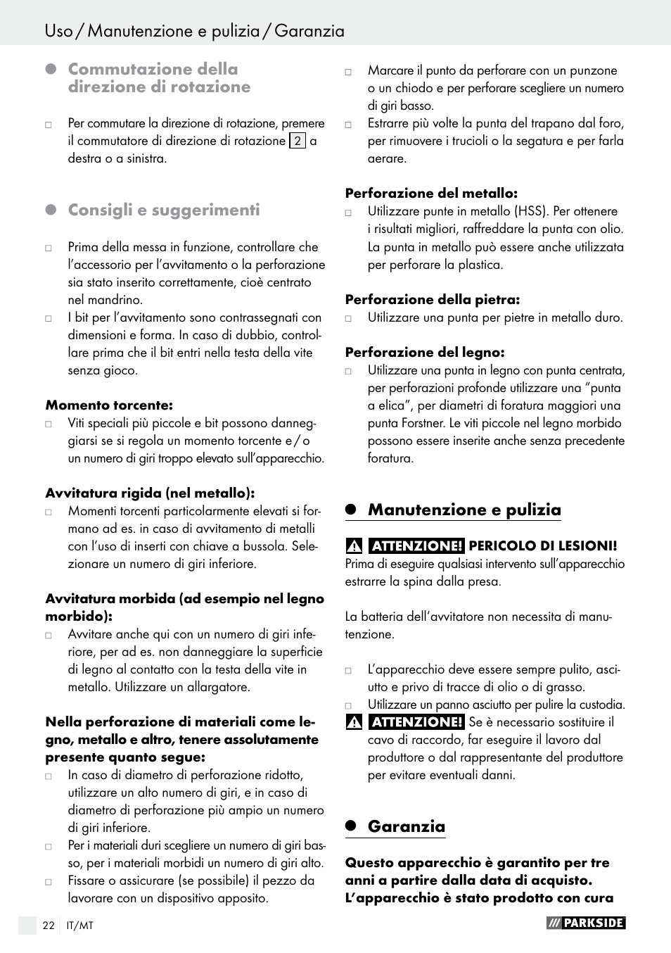 Uso / manutenzione e pulizia / garanzia, Garanzia / smaltimento, Commutazione della direzione di rotazione | Consigli e suggerimenti, Manutenzione e pulizia, Garanzia | Parkside PABS 14.4 A1 User Manual | Page 22 / 55