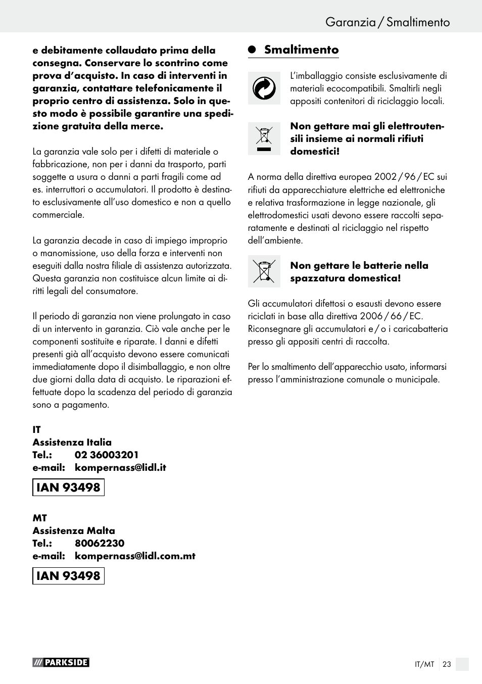 Smaltimento | Parkside PABS 14.4 A1 User Manual | Page 23 / 55