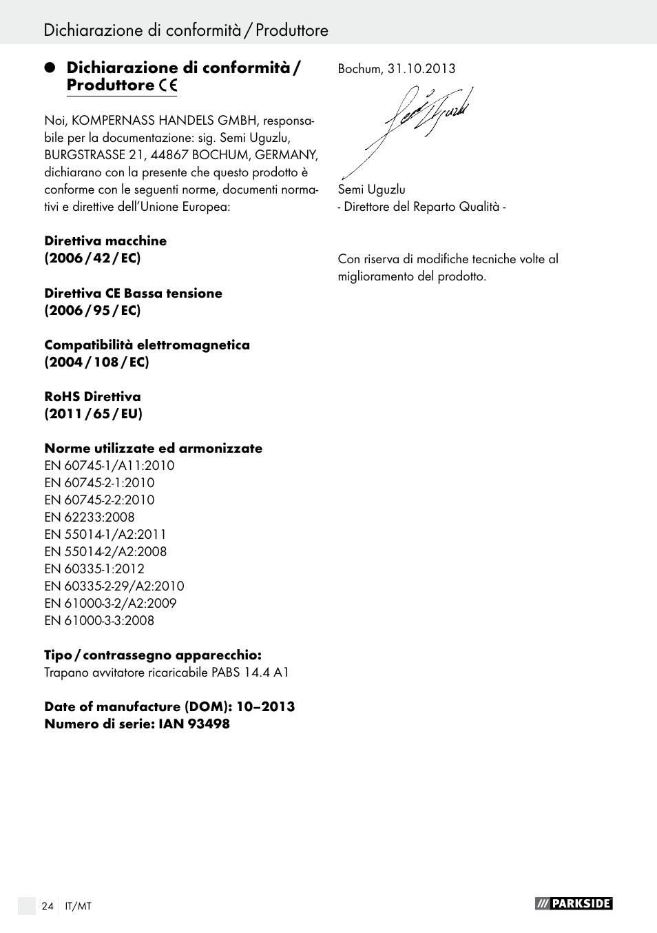 Dichiarazione di conformità / produttore índice | Parkside PABS 14.4 A1 User Manual | Page 24 / 55