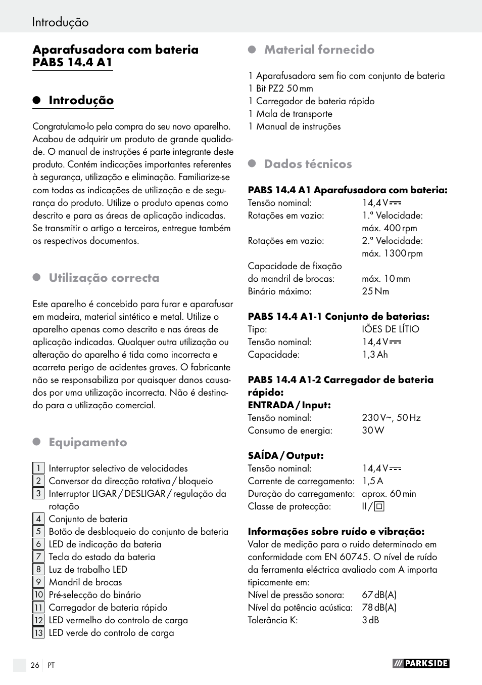Aparafusadora com bateria pabs 14.4 a1, Introdução, Utilização correcta | Equipamento, Material fornecido, Dados técnicos | Parkside PABS 14.4 A1 User Manual | Page 26 / 55