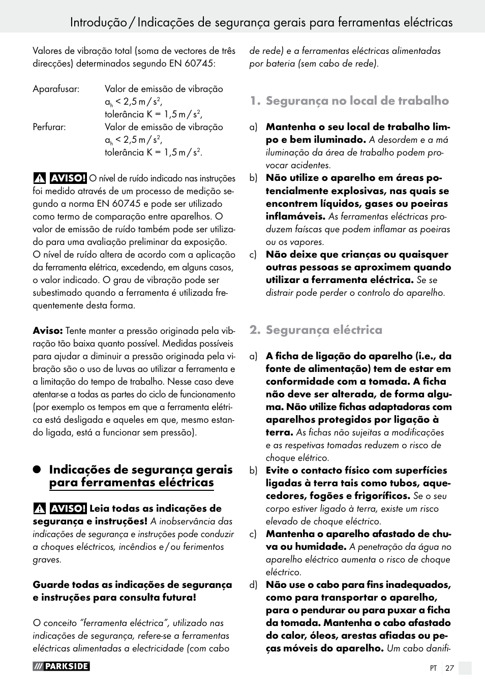 Segurança no local de trabalho, Segurança eléctrica | Parkside PABS 14.4 A1 User Manual | Page 27 / 55