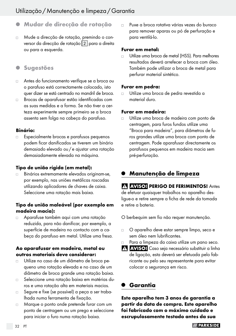 Mudar de direcção de rotação, Sugestões, Manutenção de limpeza | Garantia | Parkside PABS 14.4 A1 User Manual | Page 32 / 55