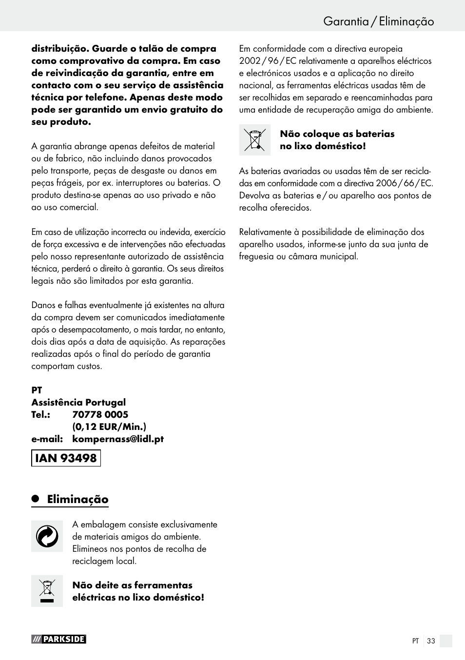 Eliminação | Parkside PABS 14.4 A1 User Manual | Page 33 / 55